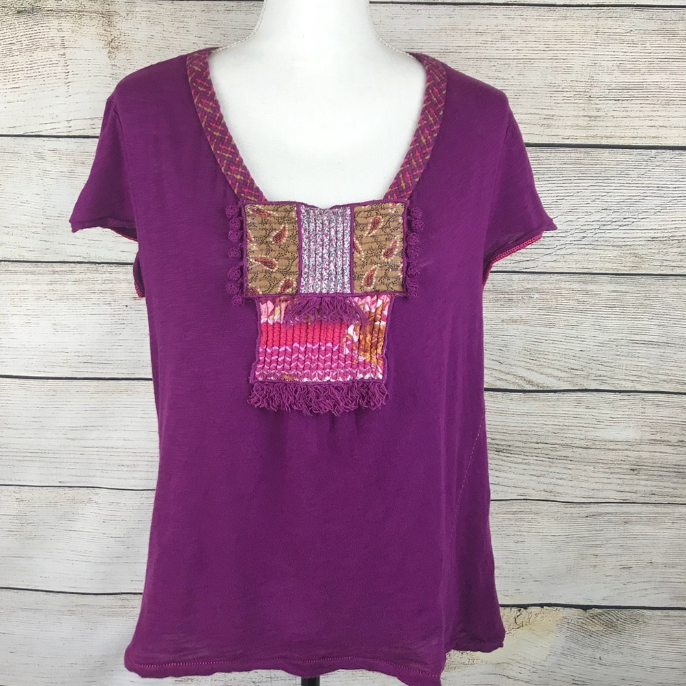 Meadow Rue purple short sleeve top with beads embroidery and fringe